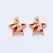 Brass Enamel Pendants, Nickel Free, Star with Unicorn, Real 18K Gold Plated, Red, 15.5x14x3.5mm, Hole: 1mm(KK-T049-024G-05-NF)