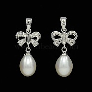 Anti-Tarnish Bowknot and Teardrop Rhodium Plated 925 Sterling Silver Pearl Pendants, with Micro Pave Cubic Zirconia, Platinum, 27x12x7mm, Hole: 5x3mm(STER-N011-11)