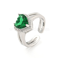 Heart Brass Micro Pave Cubic Zirconia Open Cuff Rings, Long-Lasting Plated, Green, US Size 6(16.5mm)(RJEW-G309-47P-02)