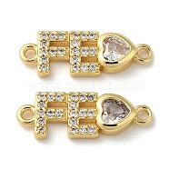 Rack Plating Brass Pave Clear Cubic Zirconia Connector Charms, Long-Lasting Plated, Lead Free & Cadmium Free, Letter FE Heart Links, Real 18K Gold Plated, 6.5x18.5x3mm, Hole: 1.2mm(KK-K332-38G)