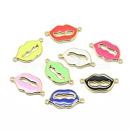 Brass Enamel Links, Long-Lasting Plated, Lips, Real 18K Gold, Mixed Color, 12x23x1.5mm, Hole: 1.2mm(KK-M207-E03)