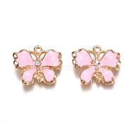 Light Gold Plated Alloy Enamel Pendants, with Crystal Rhinestone, Butterfly, Pink, 18x20.5x3.5mm, Hole: 1.5mm(PALLOY-TAC0011-14)