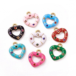 304 Stainless Steel Rhinestone Pendants, with Enamel, Golden, Heart Charm, Mixed Color, 15x13x2.5mm, Hole: 2mm(STAS-I670-08)