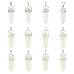 12Pcs 3 Colors Bullet Glass Pointed Luminous Pendants, Glow In The Dark Pendants, with Platinum Tone Alloy Findings, Mixed Color, 32x8mm, 4pcs/color(FIND-FH0005-53)