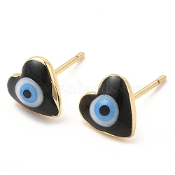 Enamel Heart with Evil Eye Stud Earrings, Real 18K Gold Plated Brass Jewelry for Women, Black, 8x8mm, Pin: 0.7mm(EJEW-E274-02G-09)