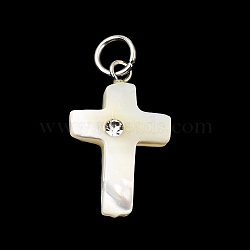 Natural White Shell & Crystal Rhinestone Pendants, with 304 Stainless Steel Jump Ring, White, Stainless Steel Color, Cross Charm, 21x13x5mm, Hole: 4mm(SH-CBAC52B-01D)