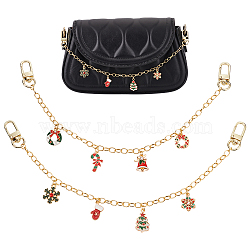 WADORN 2Pcs 2 Style Christmas Themed Brass Chain Bag Handles, with Swivel Clasps & Alloy Enamel Pendant, Bell/Tree, Mixed Patterns, 32.2cm, Pendant: 17~30x11~17.5x1.5~4.5mm, 1pc/style(FIND-WR0006-74)