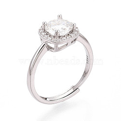 Adjustable 925 Sterling Silver Round Cut Moissanite Halo Promise Ring, Open Cuff Rings with Cubic Zirconia, Platinum, 8.5mm, US Size 6 1/4(16.7mm)(STER-T008-87P)