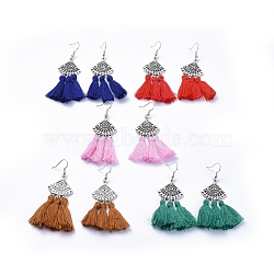Cotton Thread Tassels Dangle Earrings, with Alloy Links and Brass Earring Hooks, Mixed Color, 70~74mm, Pin: 0.6mm(EJEW-JE03188)