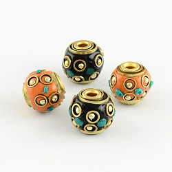 Round Handmade Indonesia Beads, with Alloy Antique Bronze Metal Color Cores, Mixed Color, 12x13mm, Hole: 3mm(IPDL-S003-M)
