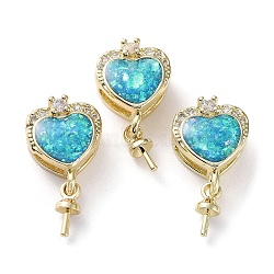 Heart Shape Brass Micro Pave Cubic Zirconia Cup Peg Bails, with Synthetic Opal, Cadmium Free & Lead Free, Long-Lasting Plated, Real 18K Gold Plated, 16x9x5mm, Hole: 5x1.5mm, Pin: 0.7mm(KK-C041-04E-G)