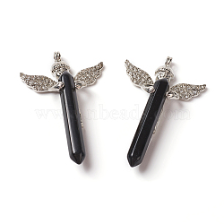 Natural Obsidian Big Pendants, with Rhinestone and Brass Findings, Angel with Bullet, Platinum, 53.5~56x34x9.5~10.5mm, Hole: 2mm(G-F586-A07)