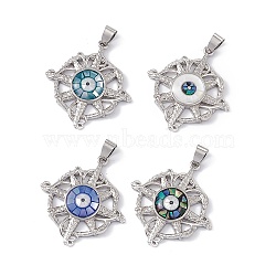 Natural Shell Pendants, Flat Round Charms with Evil Eye, Dyed, with Rack Plating Platinum Tone Brass Findings, Long-Lasting Plated, Mixed Color, 33x30x4mm, Hole: 6x4mm(KK-M234-02P)