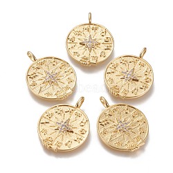 Brass Micro Pave Clear Cubic Zirconia Pendants, Long-Lasting Plated, Flat Round with Constellation Compass, Real 18K Gold Plated, 29.8x22.5x2mm, Hole: 4.7x2.6mm(ZIRC-L091-057G)
