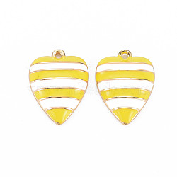 Brass Enamel Pendants, Real 18K Gold Plated, Nickel Free, Heart with Stripe, Yellow, 17.5x13x3.5mm, Hole: 1.2mm(KK-S364-030)