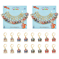 12Pcs 4 Colors Alloy Rhinestone Enamel Elephant Charms Locking Stitch Markers, with Gold Tone Brass Leverback Earring Findings, Mixed Color, 3.6cm, 3pcs/color(HJEW-PH01643)