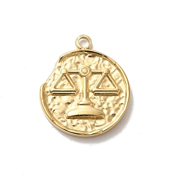 304 Stainless Steel Pendants, Textured Flat Round with Constellations Charm, Real 14K Gold Plated, Libra, 17.5x15x2mm, Hole: 1.8mm