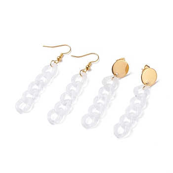 Chunky Acrylic Curb Chain Long Drop Earrings, 1Pair Stud & 1Pair Dangle Earrings, Brass Jewelry for Women, WhiteSmoke, 63x17mm, 57x12mm, Pin: 0.7mm