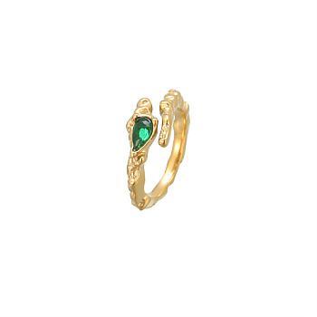 Golden Stainless Steel Open Cuff Ring, with Teardrop Glass, Green, US Size 8(18.1mm)