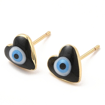 Enamel Heart with Evil Eye Stud Earrings, Real 18K Gold Plated Brass Jewelry for Women, Black, 8x8mm, Pin: 0.7mm