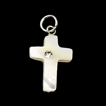 Natural White Shell & Crystal Rhinestone Pendants, with 304 Stainless Steel Jump Ring, White, Stainless Steel Color, Cross Charm, 21x13x5mm, Hole: 4mm