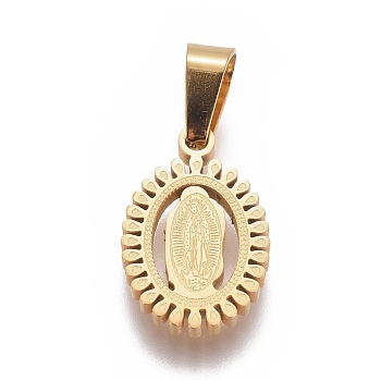 304 Stainless Steel Lady of Guadalupe Pendants, Oval with Virgin Mary, Golden, 17x11x2mm, Hole: 4x6mm