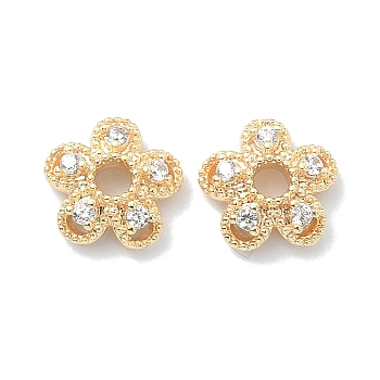Brass Micro Pave Cubic Zirconia Bead Cap, Flower, Real 18K Gold Plated, 7.5x2.5mm, Hole: 1.8mm