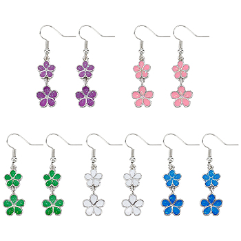 5 Pairs 5 Colors Alloy Enamel Flower Dangle Earrings, Mixed Color, 41.5x12mm, 1 pair/color
