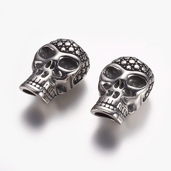 304 Stainless Steel Magnetic Clasps with Glue-in Ends, Skull, Antique Silver, 28x18x15mm, Hole: 10mm