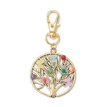Tree of Life Alloy Pendant Decorations, Lampwork Butterfly & Swivel Clasps Charms for Bag Key Chain Ornaments, Antique Golden, 75.5mm