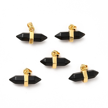 Natural Obsidian Double Terminal Pointed Pendants, Faceted Bullet Charm, with Ion Plating(IP) Golden Plated Brass Findings, 9x15~17x7.5mm, Hole: 3.5x2.5mm
