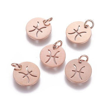 304 Stainless Steel Charms, Flat Round with Constellation/Zodiac Sign, Rose Gold, Pisces, 12x1mm, Hole: 3mm