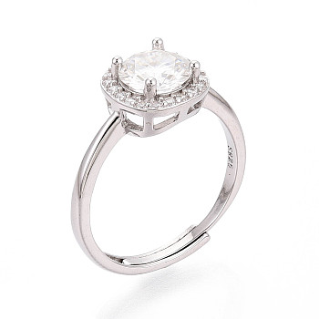 Adjustable 925 Sterling Silver Round Cut Moissanite Halo Promise Ring, Open Cuff Rings with Cubic Zirconia, Platinum, 8.5mm, US Size 6 1/4(16.7mm)