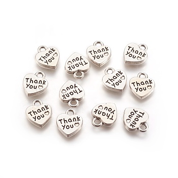Tibetan Style Alloy Charms, Heart with Thank You, Cadmium Free & Lead Free, Antique Silver, 12x10x2mm, Hole: 2mm