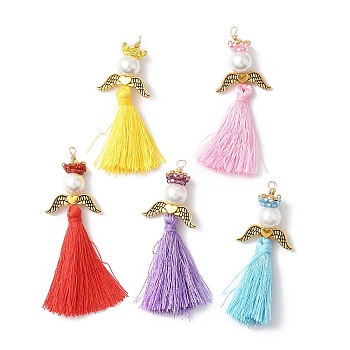 Glass Pearl Round Beaded with Polycotton Tassel Big Pendants, with Japanese Seed Beads, Angel Charms, Mixed Color, 54~59x20x8mm, Hole: 2mm