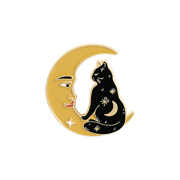 Cat with Moon Enamel Pin, Light Gold Plated Alloy Badge for Backpack Clothes, Goldenrod, 30x25mm