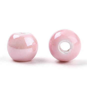 Pearlized Handmade Porcelain Round Beads, Pink, 6mm, Hole: 1.5mm