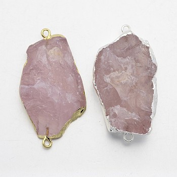 Natural Madagascar Rose Quartz Electroplate Nuggets Links connectors, with Brass Findings, 43~45x22~26x9~13mm, Hole: 2mm
