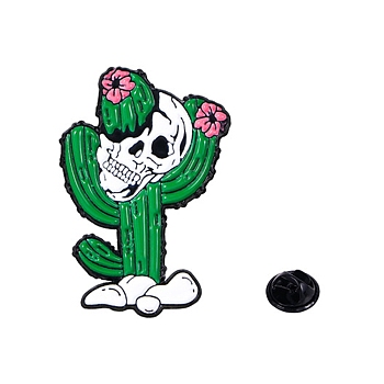 Black Alloy Brooches, Enamel Pins, Skull with Cactus, Green, 30x20mm