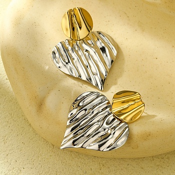 304 Stainless Steel Textured Heart Stud Earrings for Women, Golden & Stainless Steel Color, 54x38.5mm