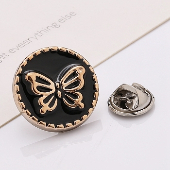 Plastic Brooch, Alloy Pin, with Enamel, for Garment Accessories, Round with Butterfly, Black, 25mm