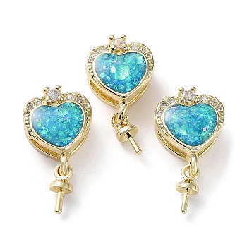 Heart Shape Brass Micro Pave Cubic Zirconia Cup Peg Bails, with Synthetic Opal, Cadmium Free & Lead Free, Long-Lasting Plated, Real 18K Gold Plated, 16x9x5mm, Hole: 5x1.5mm, Pin: 0.7mm