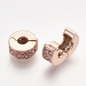 Brass European Clasps, Large Hole Beads, with Rhinestone, Flat Round, Rose Gold, Light Rose, 11x5.5mm, Hole: 4mm