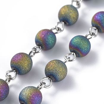 Handmade Electroplated Glass Beaded Chains, with Iron Eye Pin, Round, Unwelded, Platinum, Colorful, 39.37 inch(100cm), Link: 13x6x6mm, 1m/strand