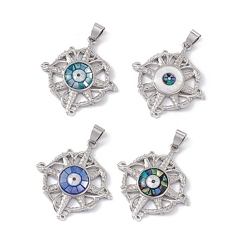 Natural Shell Pendants, Flat Round Charms with Evil Eye, Dyed, with Rack Plating Platinum Tone Brass Findings, Long-Lasting Plated, Mixed Color, 33x30x4mm, Hole: 6x4mm