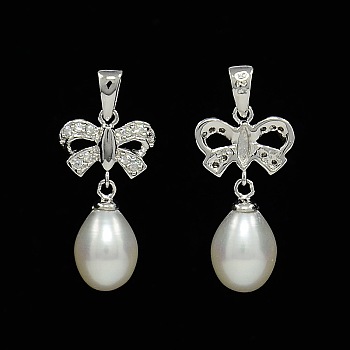 Anti-Tarnish Bowknot and Teardrop Rhodium Plated 925 Sterling Silver Pearl Pendants, with Micro Pave Cubic Zirconia, Platinum, 27x12x7mm, Hole: 5x3mm