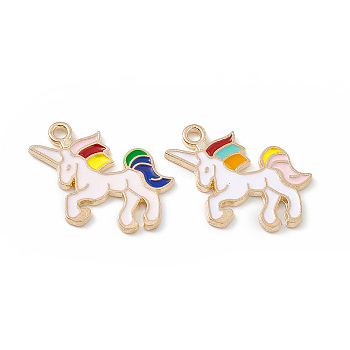 Alloy Enamel Pendants, Light Gold, Unicorn Charm, Mixed Color, 19.5x22.5x1.5mm, Hole: 1.8mm