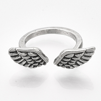Alloy Cuff Finger Rings, Wings, Antique Silver, Size 5, 16mm