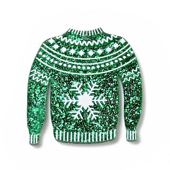 Printed Acrylic Pendants, with Glitter Sequins, for Christmas, Clothes with Snowflake Charm, Green, 37x35x2mm, Hole: 1.6mm