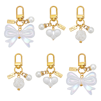 6Pcs 3 Styles ABS Imitation Pearl & Acrylic Pendant Decorations, with Alloy Swivel Clasps, Golden, 45~65mm, 2pcs/style
